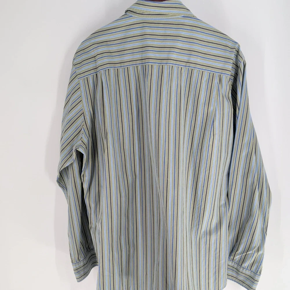 Austin Reed London Classic Striped Cotton‎ Button Down Shirt Green Blue Size L